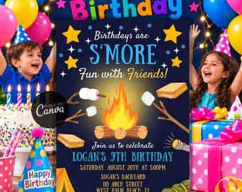 Editable S’mores Birthday Party Invitation, Camping Bonfire Theme, BBQ Outdoor Invite, Digital Download, Kids Campout Celebration Evite