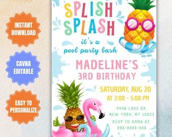 Può includere: Un invito per una festa in piscina con il testo "Splish Splash" in lettere colorate. L'invito presenta ananas dei cartoni animati con occhiali da sole che galleggiano su un fenicottero e un salvagente. È per il 3° compleanno di Madeline.