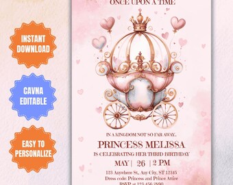 Op de afbeelding: Roze en gouden prinsessenkoets uitnodiging met een kroon en harten. De tekst luidt "Er was eens" en "Prinses Melissa viert haar derde verjaardag".