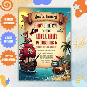Invito di compleanno pirata modificabile, invito per festa di compleanno pirata, invito di compleanno pirata per bambini, modello di compleanno pirata Ahoy Matey