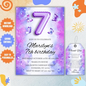 Editable Purple 7th Birthday Party Girls Invitation Seventh Birthday Template 7 years old Purple lovers Glitter Holographic Birthday Invite