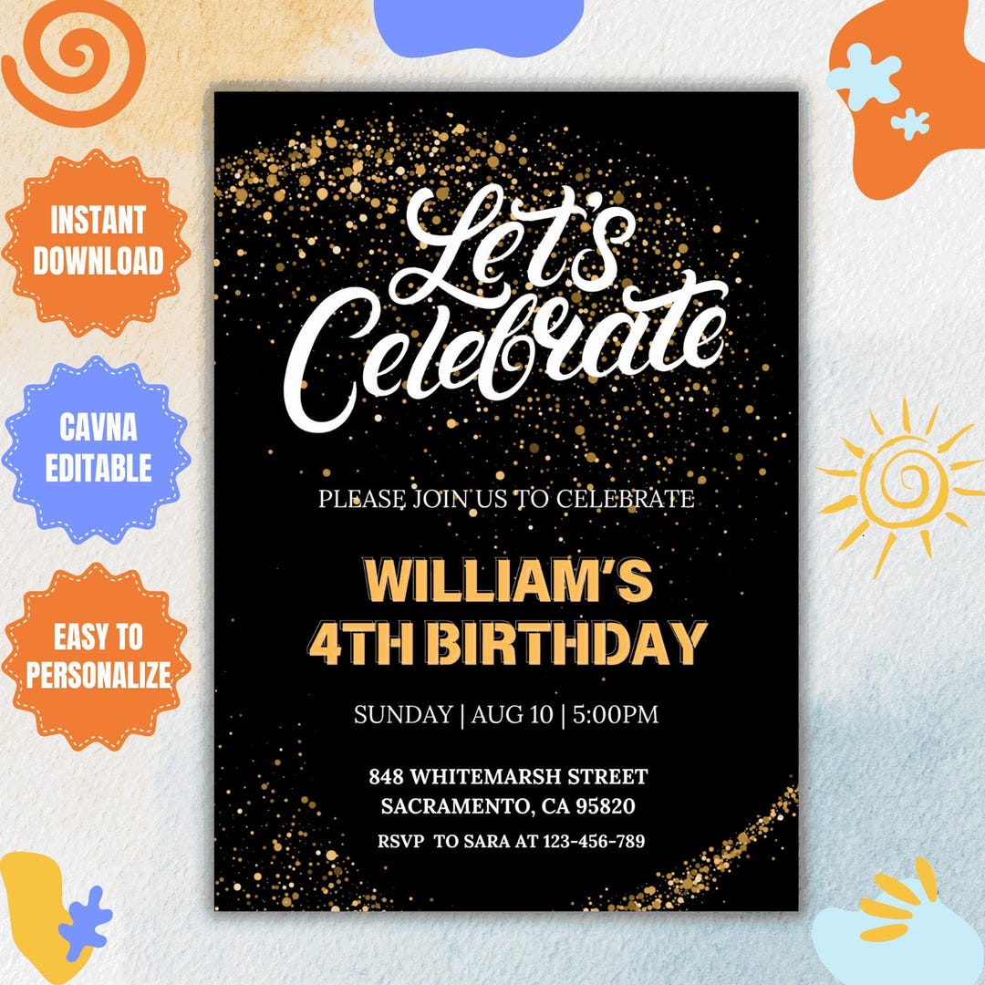 Editable Black and Gold Birthday Invitation Template (digital Download ...