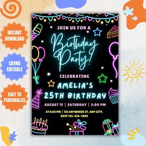 Glow Party Birthday Invitation, Glow 5th Birthday Invitation, Girl&#39;s Neon Party Template, Glow Party Invitation Template, Instant Download
