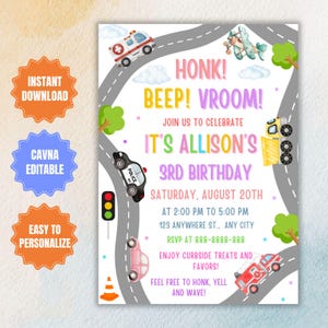 EDITABLE Modern Transportation Birthday Invitation, Vehicle Party Invite Template, Boys Outdoor Birthday Invite, Honk Beep Vroom Cars Evite