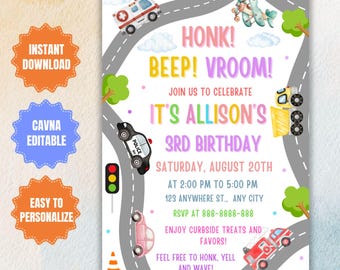 Bewerkbare transportverjaardagsuitnodiging: voertuigfeest jongens (5 x 7, digitale download