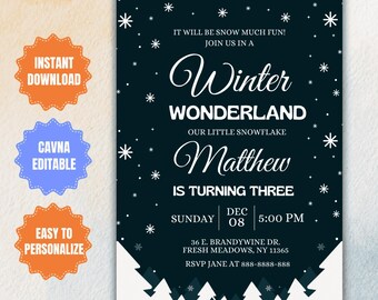Editable Winter Wonderland Birthday Party Invitation, Frozen Invite, Winter Snow Invite, Our Little Snowflake Invitation, Instant Download