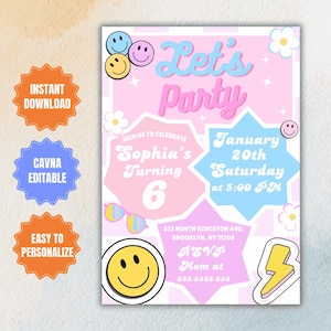 Editable Checkered Smiley Face Birthday invite, Groovy Retro birthday, emoji invitation, Teen Party, Tween Birthday, Any Age Girl Birthday