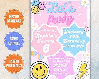 Invito di compleanno con faccina sorridente a scacchi: festa retrò e groovy (modificabile)