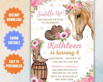 May include: A pink and gold birthday invitation with a watercolor illustration of a horse wearing a floral crown. The text reads "Saddle Up! And gallop on over to celebrate! Kathleen is turning 6. Saturday, August 20, 2:00 PM to 5:00 PM, Kathleen's Farmhouse, 408 Beechwood St., Brooklyn, NY 11229, RSVP to Jennifer at 888-8888-8888."