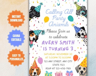 Editable Dogs Birthday Party Invitation Template (Digital Download)