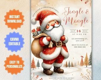 May include: A festive Christmas party invitation featuring Santa Claus with a sack of gifts. The invitation includes the text "Jingle & Mingle" and event details. The design has a watercolor style with a snowy landscape.