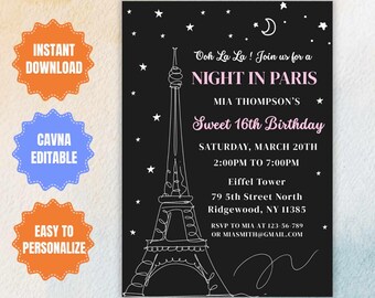 Night in Paris Birthday Invitation, Eiffel Tower, Sweet 16 (Digital Download)