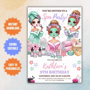 Editable Spa Party Birthday Invitation, Pamper Party Birthday Invite, Girls Glam Party Birthday invite, Digital Any age Kids Party Invite