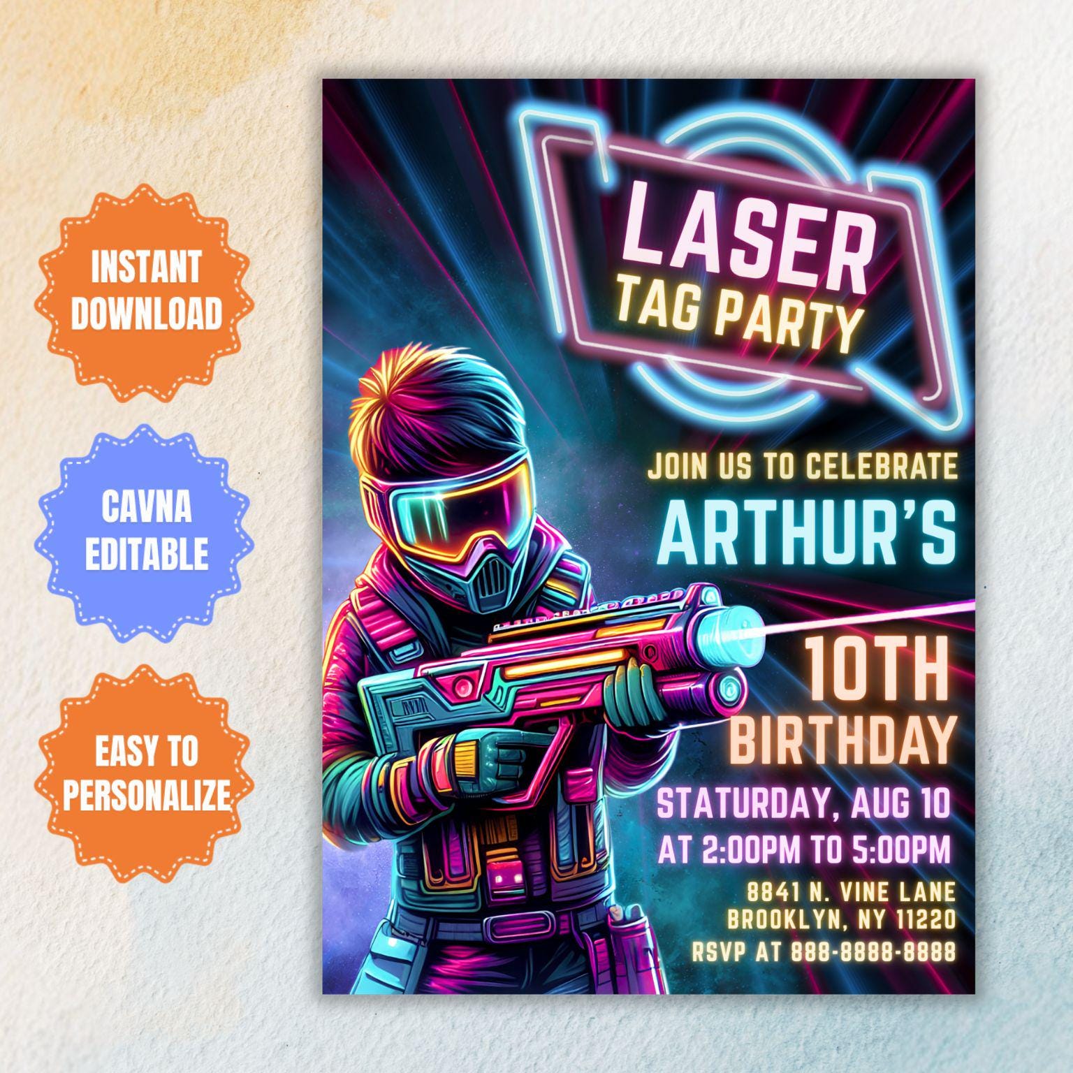 Neon Laser Tag Birthday Invitation Template: Editable Digital Invite - Etsy, image size:1536x1536