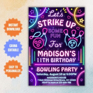 Editable Bowling Birthday Party Invitation Template, Lets Strike Up Some Fun, Glow Bowling Party Invite, Bowling Neon Girls Digital Invite