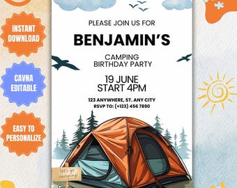 Editable Camping Birthday Party Invitation Template (Digital Download)