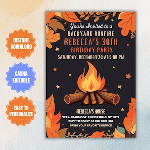 Editable Bonfire Birthday Party Invitation: Autumn Fire Pit Evite (Digital)
