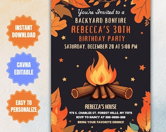 Editable Bonfire Birthday Party Invitation: Autumn Fire Pit Evite (Digital)