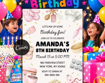 Editable Baking Birthday Invitation, Kitchen Party Invite, Baking Cupcake Evite, Little Chef Celebration Template,  Instant Download