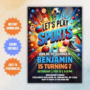 Editable Sports Invitation, Sports Party Birthday Invitation, Sport Theme Invite, Ball Sports Invite, All Star Sports Invitation Template