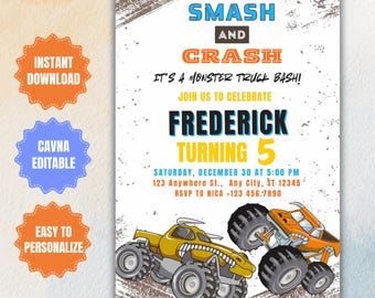 May include: A white birthday invitation with a blue, yellow, and orange monster truck design. The text reads "Smash and Crash It's a Monster Truck Bash! Join us to celebrate Frederick Turning 5 Saturday, December 30 at 5:00 PM 123 Anywhere St., Any City, ST-12345 RSVP to NICA - 123 456.7890"