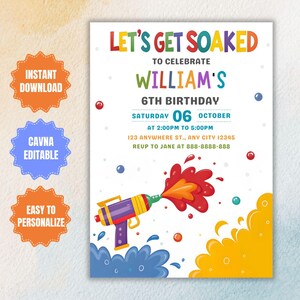 Editable Water Balloon Invitation Template, Water Balloon Birthday Bash, Soaked Water Fight Splash Party Invite, Let&#39;s Get Soaked Invite