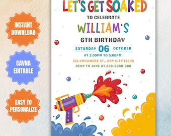 Szablon zaproszenia urodzinowego z balonami wodnymi: Splash Party Invite (5x7 do pobrania w wersji cyfrowej)