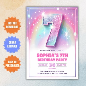 Bewerkbare sjabloon uitnodiging 7e verjaardagsfeestje, glitter zevende verjaardag leuke uitnodiging, meisjes regenboog folie pastel digitale verjaardagsuitnodiging