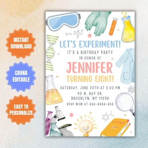 Pode incluir: Um convite para uma festa de aniversário com tema científico com o texto "Let's Experiment!" e "Jennifer Turning Eight!". O design inclui ilustrações em aquarela de equipamentos de laboratório, fios de DNA e um livro de ciências. O convite é personalizável.