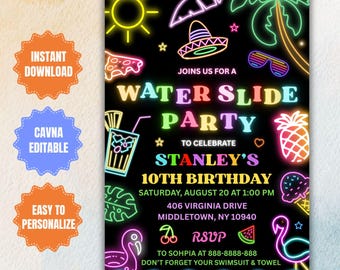 Editable Waterslide Pool Party Invitation: Neon Tropical Design (Digital Download)