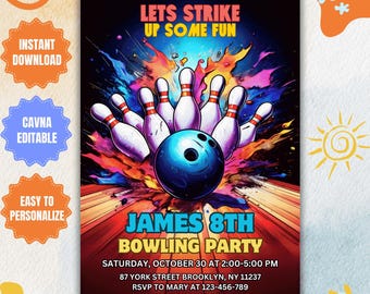 Editable Bowling Birthday Party Invitation Template (Instant Download)