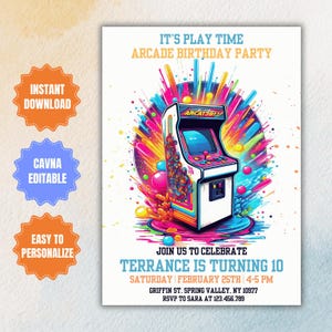 Modelo de convite de aniversário de fliperama editável, convite para festa de menino e menina com jogos retrô, cartão de aniversário de jogador de vídeo digital infantil, Canva para impressão