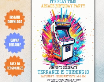 Invitación de cumpleaños editable de Arcade: Fiesta de videojuegos retro (Imprimible en Canva)