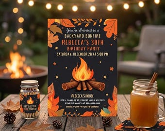 Einladungsvorlage für eine Herbst-Lagerfeuer-Geburtstagsfeier, bearbeitbare digitale Einladung zur Feuerstellenparty, rustikale Herbstfeier, druckbare Einladung