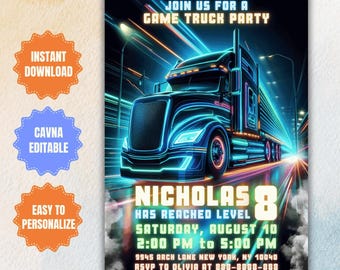 Può includere: Un invito a una festa di compleanno blu e viola neon con un grande camion semi-rimorchio futuristico. Il testo recita "Join us for a Game Truck Party" e "Nicholas 8 Has Reached Level". L'invito include la data, l'ora e il luogo della festa.
