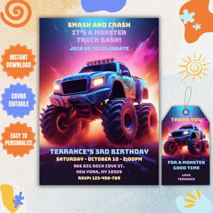 Bewerkbare Monster Truck-verjaardagsuitnodiging, Monster Truck-themafeest jongens, elke leeftijd Big Wheel Monster Party-uitnodiging, gratis bedankkaart