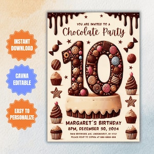 Editable Chocolate Party Invitation, Chocolate Desserts, Birthday Invitations, Dessert Party, Sweets Invite, Digital Personalized Invitation