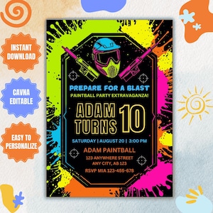 EDITABLE Paintball Party Invite, Paintball Party Invitation, Paintball Birthday Theme Party, Boy, Girl Paintball Template, Instant Download