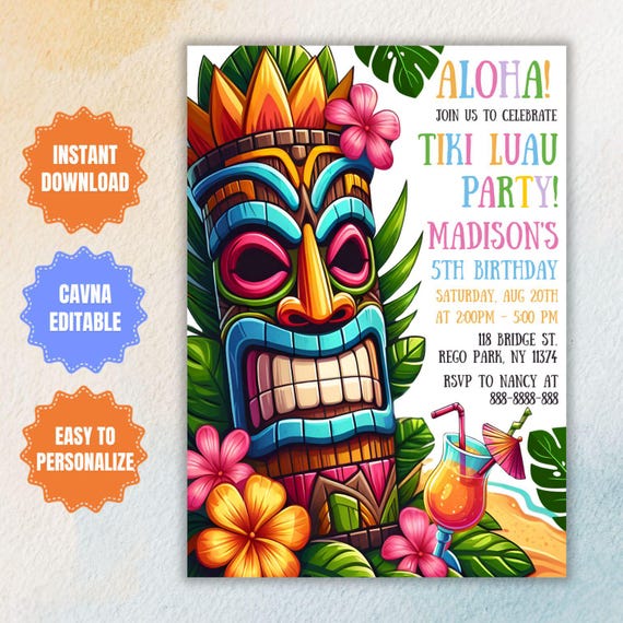 Editable Aloha Luau Party Invitation: Tropical Hawaiian Birthday (Digital Download, 5x7" Template)
