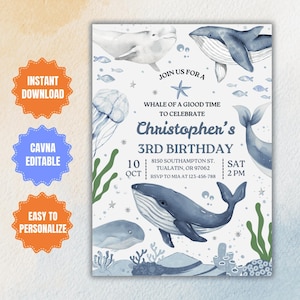 Bewerkbare sjabloon voor verjaardagsuitnodiging onder de zee, oceaandieren feest, magisch zeeleven, walvisfeest uitnodigen, nautisch elke leeftijd kinderen uitnodigen