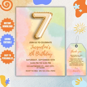 Rainbow 7th Birthday Invitation Template (Digital Download)