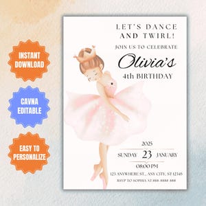 Bearbeitbare Ballerina-Geburtstagsfeier-Einladung, DIY moderne Ballett-Tänzerin-Mädchen-Geburtstags-Einladung, Tutu Ballerina-Kleiderparty, sofortiger Download