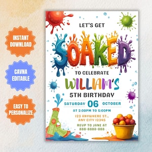 Editable Water Balloon Invitation, Water Balloon Birthday Bash, Soaked Water Fight Splash Party Digital Invite, Let&#39;s Get Soaked Kids Evite