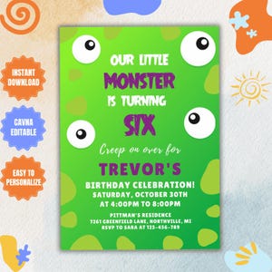 Convite de aniversário editável de monstro verde fofo, convite para festa de aniversário de monstro, convite para festa infantil de monstro verde pequeno, convite para festa de monstro