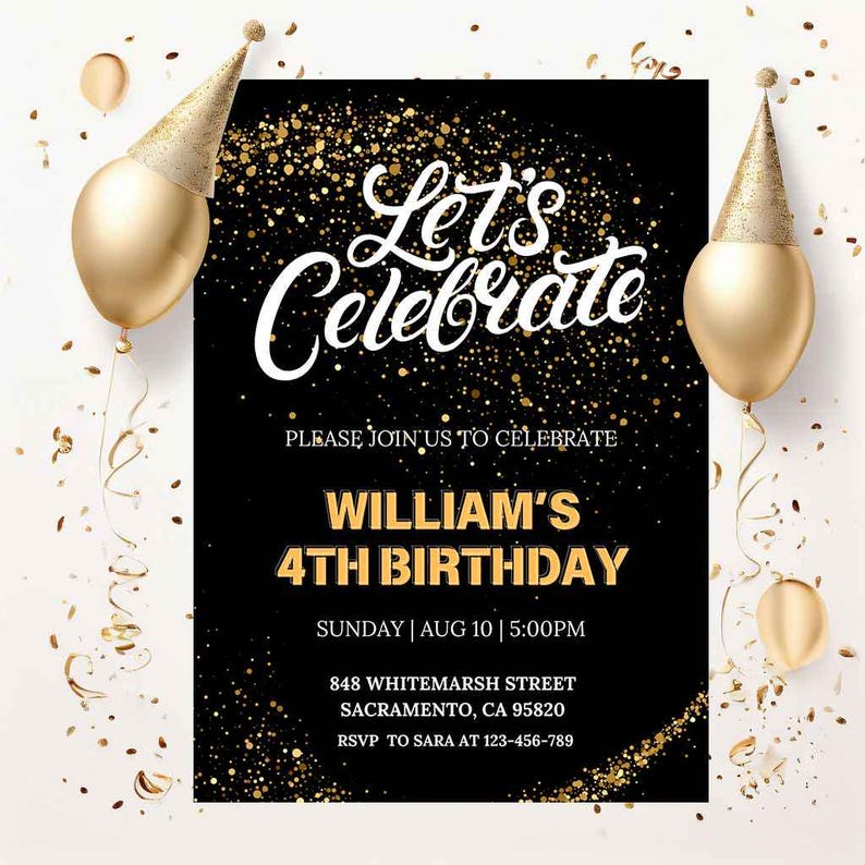 Editable Black and Gold Birthday Invitation Template (digital Download ...