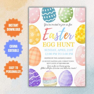Plantilla de invitación editable para la búsqueda de huevos de Pascua, invitación para la fiesta de búsqueda de huevos, invitación para el brunch de huevos de Pascua, invitación de Pascua, invitación para la búsqueda de huevos de acuarela