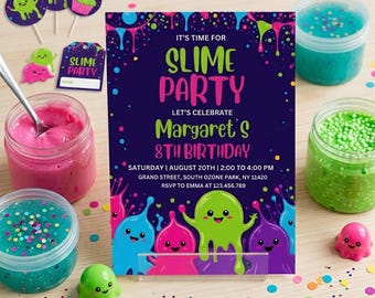Editable Slime Birthday Invitation, Kids Party Invite, Goo and Glitter Theme, Rainbow Customizable Template, Instant Download