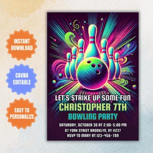 Editable Neon Bowling Birthday Invitation (Digital Download)