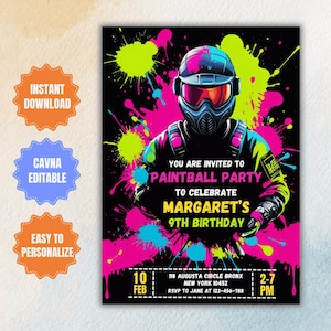 Editable Paintball Birthday Invitation, Paintball Theme Party Invite, Softball Invite template, Paintball Wars invitation, Instant Download