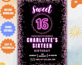 Editable Sweet Sixteen Invitation: Pink Glitter Party (Digital Download)